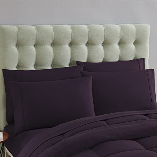 Sweet Home Collection 7 Piece Comforter Set Bag Solid Color All Season Soft Down Alternative Blanket & Luxurious Microfiber Bed Sheets, Purple, Queen
