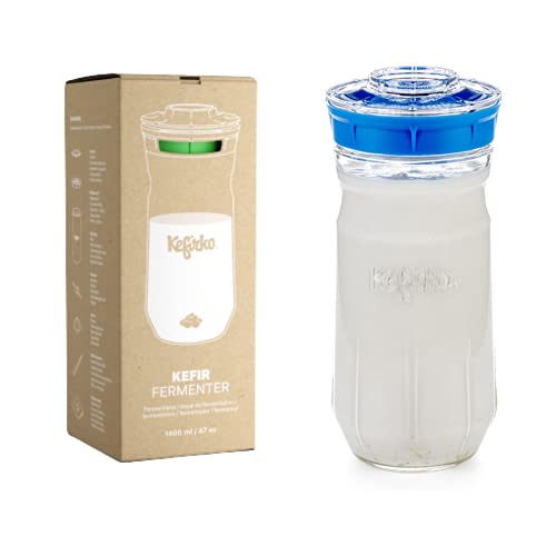 KEFIRKO Kefir Maker | El Set Ideal para Preparar Kéfir de Leche o Kéfir de Agua en Casa | Fermentador-Germinador Casero + Librito de Recetas | 1.4l | BPA Free | Azul