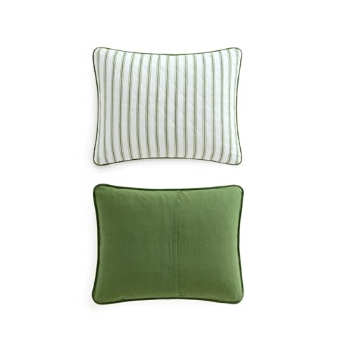 Image of Martha Stewart - King Quilt Set, 100% Soft & Breathable Bedding with a Lightweight Feel for Year Round Comfort, 3 Piece Bed Set with Matching Pillowcases (Ticking Stripe Green)