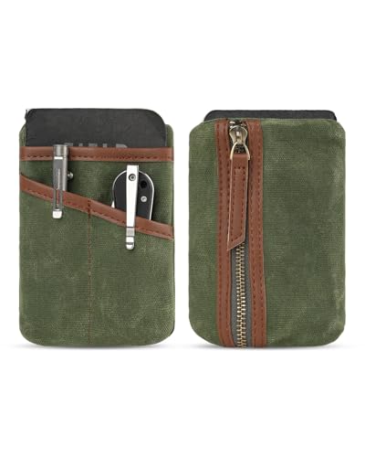 Sayram SP9 EDC Pouch Tasche, kompakter EDC Taschen Organizer aus gewachstem Canvas, Reißverschlusstasche für Herren, EDC Pocket Organizer für Kleingeld, Notizbuch, Taschenlampe (Ölgewachst Grün)