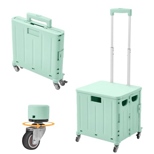 The Fellie 65L Foldable Shopping Trolley with 4 Rotate Wheels, Storage Boot Cart with Adjustable Telescopic Aluminium Handle, Portable Crate Handcart with Lid Grocery Trolley for Camping(45KG, Green)