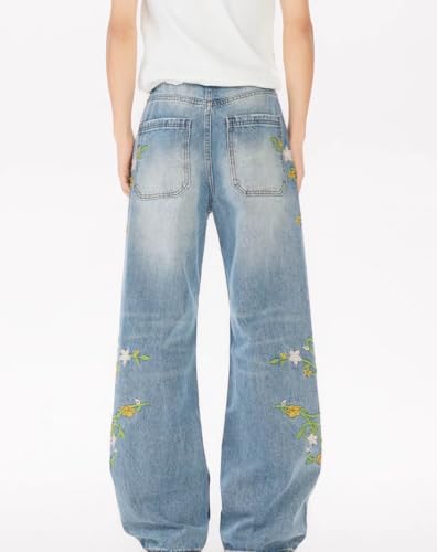Y2k Vintage Vine Floral Embroidery Harajuku Baggy Jeans Hiphop Streetwear Grunge Ripped Loose Casual Cowboy Denim Pants4