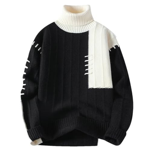 Men Winter Patchwork High Neck Sweater Casual Knit Pullover Loose Fit Warm Knitted Sweater