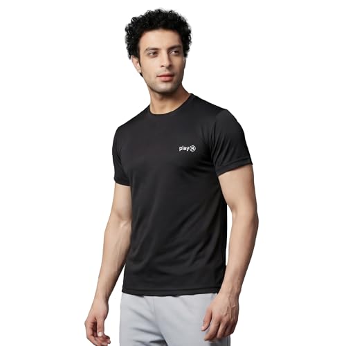 Image of playR Men's Polyester Adult Training Tee - Round Neck Half Sleeve Regular Fit DRIVENT, Lightweight Breathable Activewear for Gym Running Workout Yoga All Season