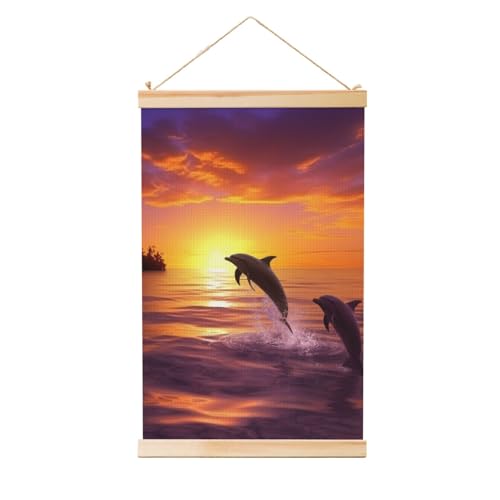 Peinture murale dauphins avec cadre en bois noble pour salon élégant
