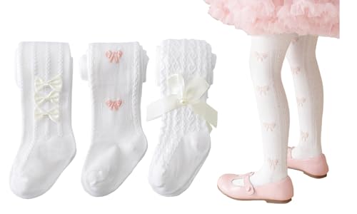 CHUNG Baby Girls Cotton Tights Thin Hollowed Summer with Bowknot Mesh Lace Fashion Toddler Footed Legging Pantyhose (S 1-2Y 3White)