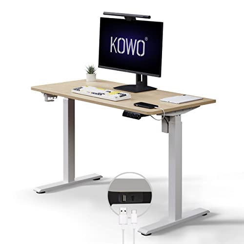 Kowo Standing Desk with USB Hub & USB C Charger, Height Adjustable Electric Standing Desk with 120cm (L) Non-Spliced Desk Top, Sit Stand Desk, Stand Up Desk, Home Office Desk, Adjustable Table, Oak