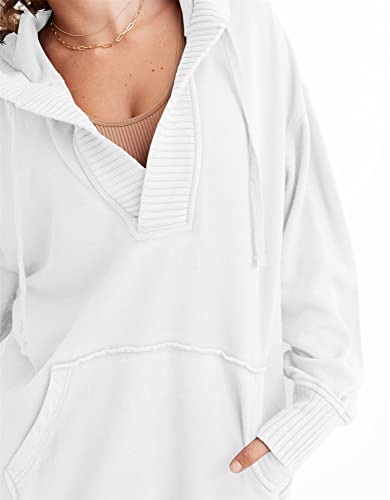 Fisoew Womens Casual Oversized Hoodies V Neck Long Sleeve Loose Pullovers Hooded Sweatshirts Tops Active Hoodie White #TOP2