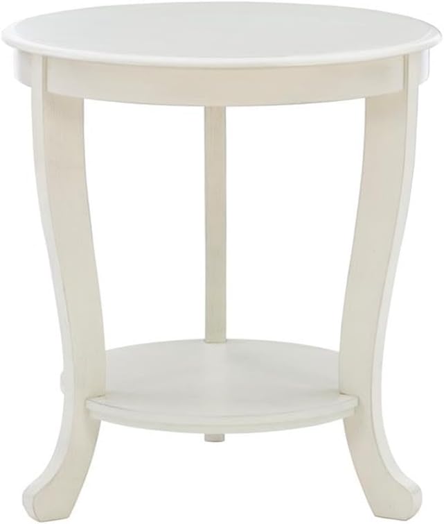 Pemberly Row Round Transitional Wood Side Table, 22" Diameter, White Multi-Step Finish, Acacia/Oak with Shelf, Accent Table for Living Room, Bedroom or Chairside Use