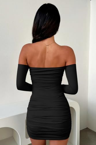 OQQ Cocktail Dresses 2025 Tube Off Shoulder Long Sleeve Sexy Bodycon Ruched Party Short Mini Dresses ﻿4