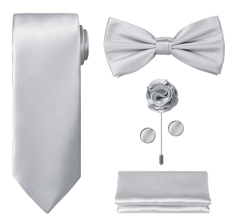 TIE G 5pcs Tie Set in Gift Box : Solid Color Necktie Satin Bow Tie Pocket Square Lapel Cuff Links (Silver)