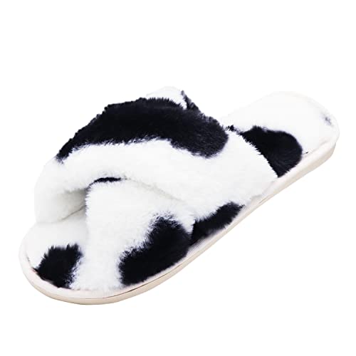 Criss Cross Fluffy Faux Fur Slippers Open Toe Slides Soft Warm Plush Furry Fuzzy Slip On Sandals House Shoes for Women