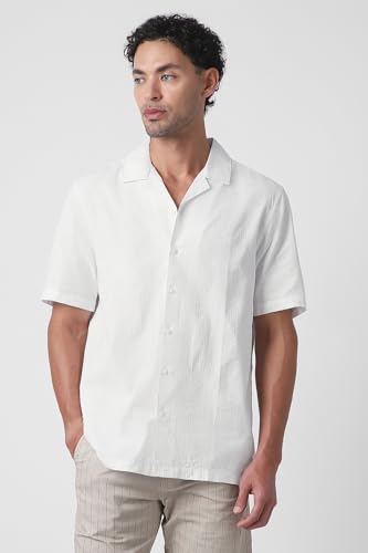 Image of Peter England Men's Casual Half Sleeve Resort Collar Shirt in 100% Cotton Seersucker with Striped Design