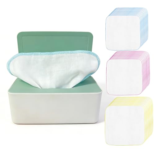 HB.YE 30PCS Lingettes pour bébé avec Distributeur 20x20 cm,100% Coton,Serviettes Visage de Bébé Réutilisables,Débarbouillettes Bébé en Mousseline (30pcs+Boîtes de Rangement, 20x20cm)