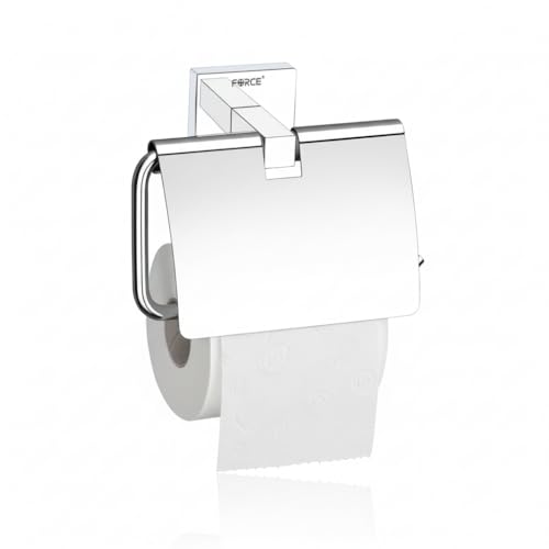 Image of Force Toilet Paper Holder with Shelf - Pack of 2 - Wall Mounted Stainless Steel 304 - Brushed Chrome Finish - Square Brass Base - Rustproof Bathroom Tissue Roll Stand with Storage Shelf