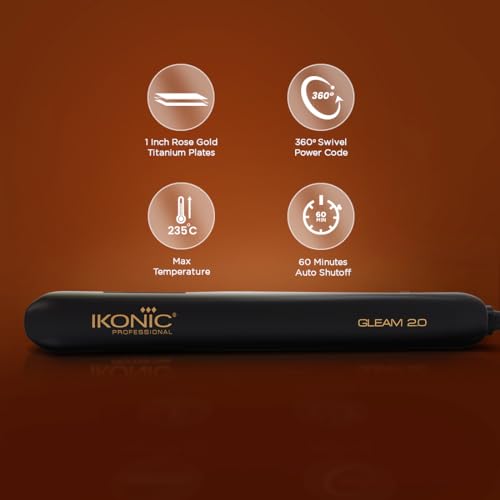 Ikonic Gleam Hair Straightener, Black| Super slim 1 inch plates| Ergonomically slim| Led temperature control| Automated function| Overheating protection| Cereamic rose gold iron... - Image 4
