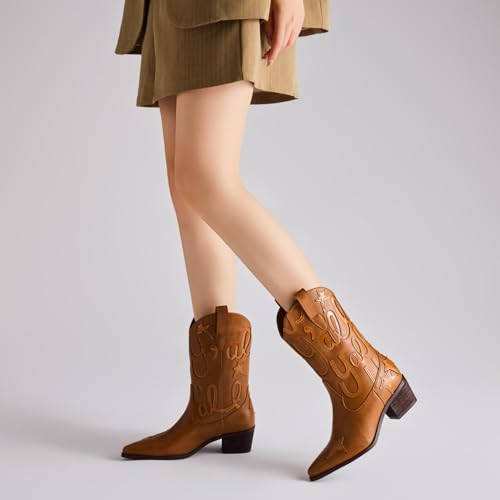 Image of Metallic Cowboy boots for Women Embroidered Mid Calf Womens Cowgirl Boots Western Pointed Toe Chunky Heel