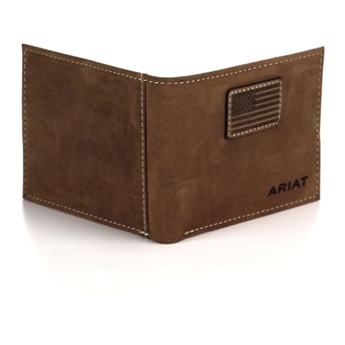 ARIAT Men's Genuine Leather Bifold Wallet, USA Flag Patch, Medium Brown, 3-1/2" x 4-1/4"4
