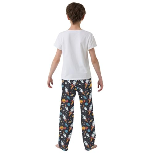 ALAZA White Stars Rocket Planets Pajamas Bottoms with Pockets Comfy Pjs Sleepwear Elastic Waistband Pajamas Pants Lounge Pants for 6-14 Years3