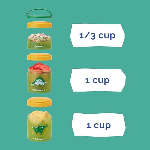 Image of Whiskware Dinosaur Stackable Snack Containers for Kids and Toddlers, 3 Stackable Snack Cups for School and Travel, Green /Blue