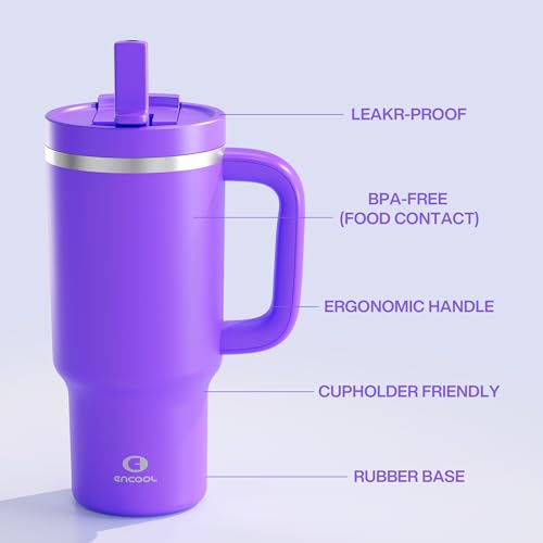 Image of 32 oz Tumbler with Handle and Straw: Stainless Steel Insulated Tumbler Keeps Cold for 24 Hours, Leakproof Travel Cup Fits in Cup Holder and BPA-Free,Violet
