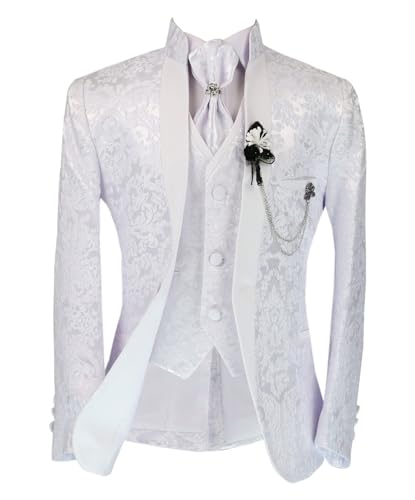Traje de Esmoquin de 6 Piezas con diseño de Cachemira Floral Blanco para niño, para Bautizo, comunión y Todas Las Ocasiones Especiales, Tamaño 5 Años