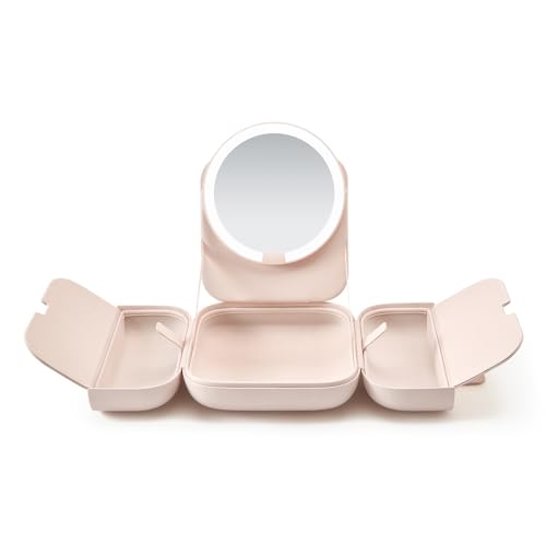 AMIRO M2 Cude Travel Makeup Bag with 5 Level Brightness & 3 Color LED Mirror Portable Makeup Artist Organizer Pink