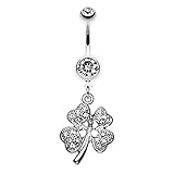 Classic Four Leaf Clover Sparkle Belly Button Ring (14 GA, Length: 10mm, Clear)