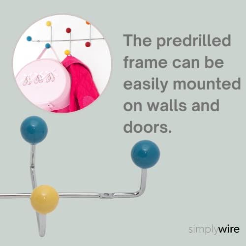 simplywire  Wall Mounted Coat Rack  8 Multi Colour Ceramic Hooks - Chrome