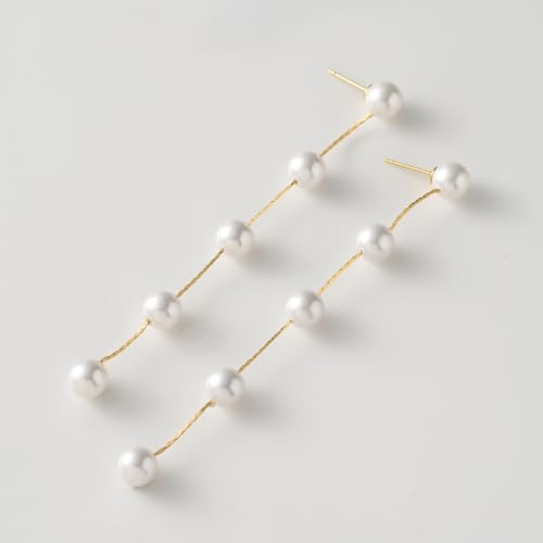 SWEETV 14K Gold Plated Long Pearl Drop Dangle Earrings for Women, Tassel Chain Baroque Pearl Wedding Bridal Earrings for Brides Bridesmaids, Prom Jewelry Gifts 7