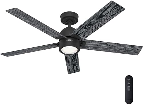 Hunter 52 Inch Indoor Ceiling Fan with LED Light and Remote Control - Black Modern Ceiling Fan, 5 Blades and 6 Speed WhisperWind Motor, For Bedroom, Living Room or Kitchen, ENERGY STAR - Erling, 52850