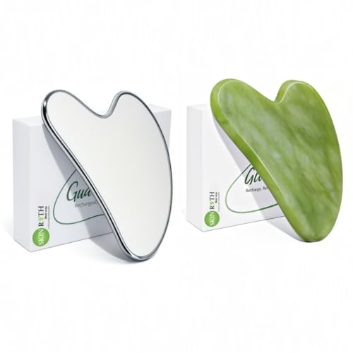 Image of Gua Sha Combo Set - Stainless Steel Silver Scraper and Natural Jade Green Stone for Face and Body Massage