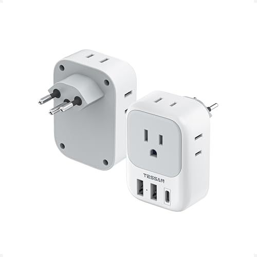 Switzerland Power Adapter 2 Pack, TESSAN Type J Adaptor with 4 Outlets 3 USB Charging Ports(1 USB C), Swiss Travel Plug for US to Switzerland, Liechtenstein, Rwanda