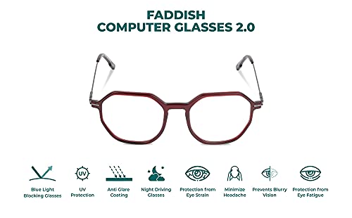Image of Faddish Anti-glare Hexagon Unisex Spectacle Frame with UV400 & Bluelight Blocking Computer Glasses for Eye Protection from Bluelight by Computer Mobile(HEX C5N BBL|Blue Block|UV400|Burgandy)