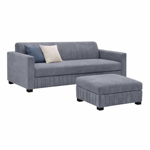 Image of FURNY Almora 4 Seater L Shape Sofa Set with Movable Ottoman | Flexible Left or Right Layout | Plush Velvet Fabric (Dark Grey) | Perfect for Living Room, Guest Room & Office