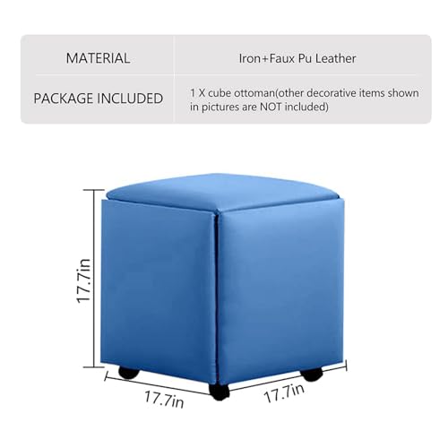 JTWWDM Krzesło Podnóżkowe Square Nesting, 5 w 1 Skórzane Siedzisko Kostkowe, Ruchomy Fotel do Sofy Z Obrotowymi Kółkami, Składany Ruchomy Fotel do Salonu,Blue,17.7x17.7x17.7in