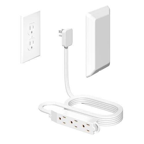 H HUNLEE 5FT Flat Extension Cord Ultra Thin Outlet Concealer with Cord Concealer Kit,Flat Outlet Extender with 3 Outlet Power Strip,Universal Size Flat Plug Power Strip for Home,ETL Listed,White
