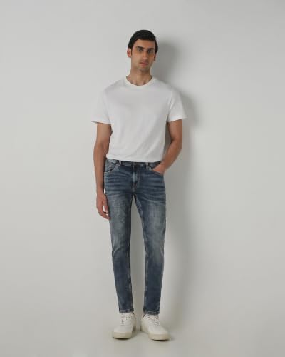 Image of MUFTI Originals Men Jeans Casual | Slim Fit Ankle Length Mid Rise Washed & Faded Whiskered Five Pocket Style | Cotton Blend Stretch Denim Pants