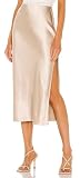 ECHOINE Womens Silk Skirt Casual Flared Sexy Loose Fit Solid Satin Midi Dress A Line High Waist Skirt with Slit Beige M
