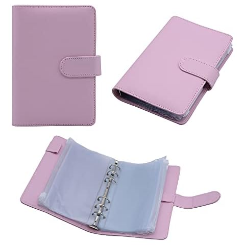 Xhwykzz PU Leather Notebook Binder, 6-Ring Binder with 12PCS Transparent Plastic Zipper Binder, Budget Envelope, Money-Saving Binder (Pink, A6) Cover