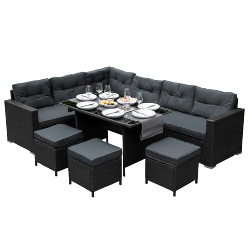 Rattan Corner Dining Set Outdoor Garden Furniture Black 9-Seater L Shape Sofa Stools Tempered Glass Table UV Protected Waterproof Grey Seat Back Cushions Patio Conservatory Lounge FREE Rain Cover