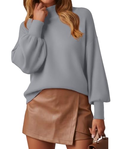 Image of WEACZZY Women's Sweater Mock Neck Long Lantern Sleeve Lightweight Knit Tops