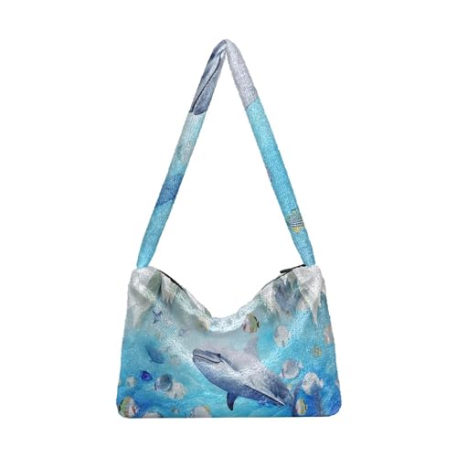 Bolsa de ombro feminina buldogue preto e branco com desenho animado, bolsa feminina de pelúcia para uso ao ar livre, Tubarão no mundo subaquático, One Size