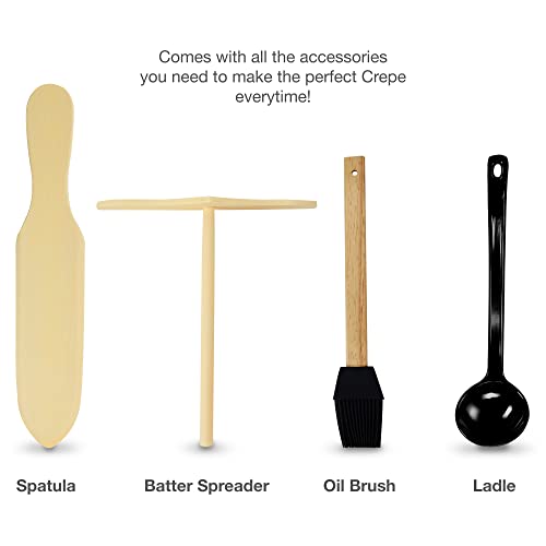 Andrew James Crepe Maker, Pancake Maker, 13 Inch Non-Stick Electric Crepe Maker, 1200W Adjustable Temperature Hotplate, Electric Pancake Griddle, Includes 4 Accessories, Up To 250°C