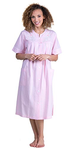 Miss Elaine Women's Short Sleeve Checkered Seersucker Snap Front Robe (Small, Peach/White Check)