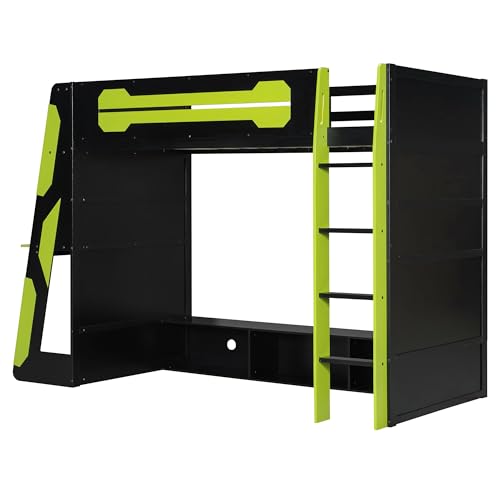 Image of Harper & Bright Designs Twin Size Wood Loft Bed with Desk and Multi-Storage Shelves, Wooden Gaming Loft Bed Frame with RGB Light, Space-Saving Bed with Safety Guardrail, Green