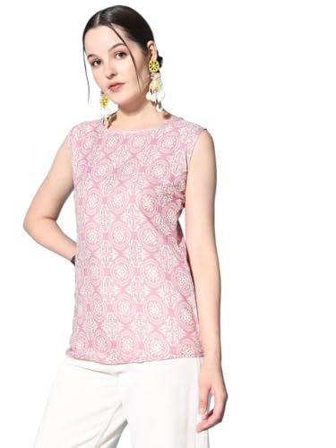Image of Sleeveless Kurti for Women Pure Cotton Stylish Round Neck Printed Ethnic Short Kurti Jeans Top Casual Office