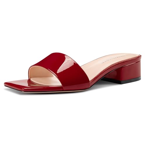 Image of TNYNFBEB Womens Chunky Block Low Heel Open Square Toe Sandals Mules Shoes Slip-on Prom Party Dress Patent Leather 1.4 Inches Heels