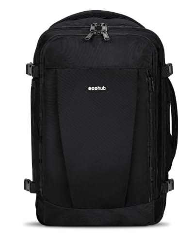 ECOHUB Mochila de Viaje Cabina Avion 40x20x25 Ryanair Con 13 Compartimentos Para Mujer y Hombre, Maleta Debajo del Asiento, Equipaje de Mano 40x30x20 20L, Recicladas, Patentado, Negro