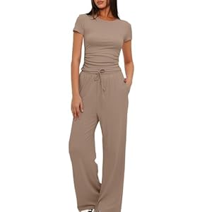 Women 2 Piece Set Outfit Summer Casual Tracksuit Short Sleeve Crop Tops and Drawstring High Elastic Waisted Wide Leg Pants Tracksuit Yoga Joggers Suit Lounge Wear Full Sets